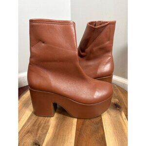 Larroude Cognac Brown Platform Ankle Boots Chunky Block Heel Retro 70s Sz 9